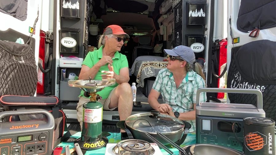 wandering out yonder youtube channel/bloggers karen and shannon glamping in their van at rustic acres rv resort